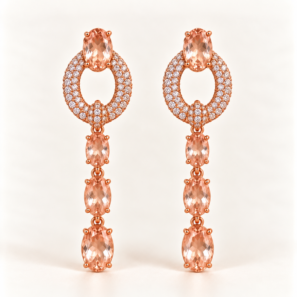 BRINCO FESTA ROSÉ CRAVEJADO OVAL VAZADO ZIRÔNIAS TRIPLA