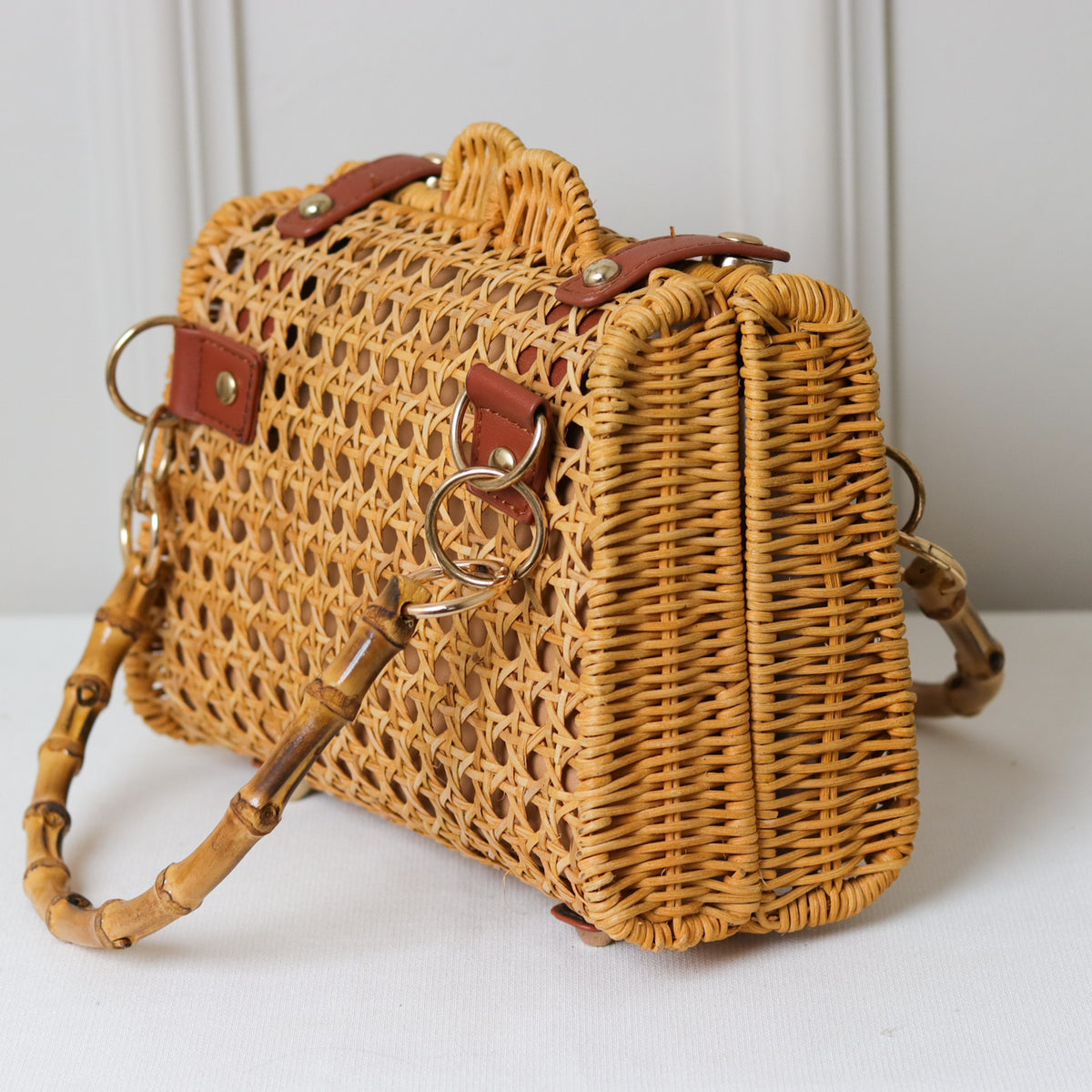 CLUTCH PALHA NUDE TRAMA ALÇA BAMBU RETANGULAR