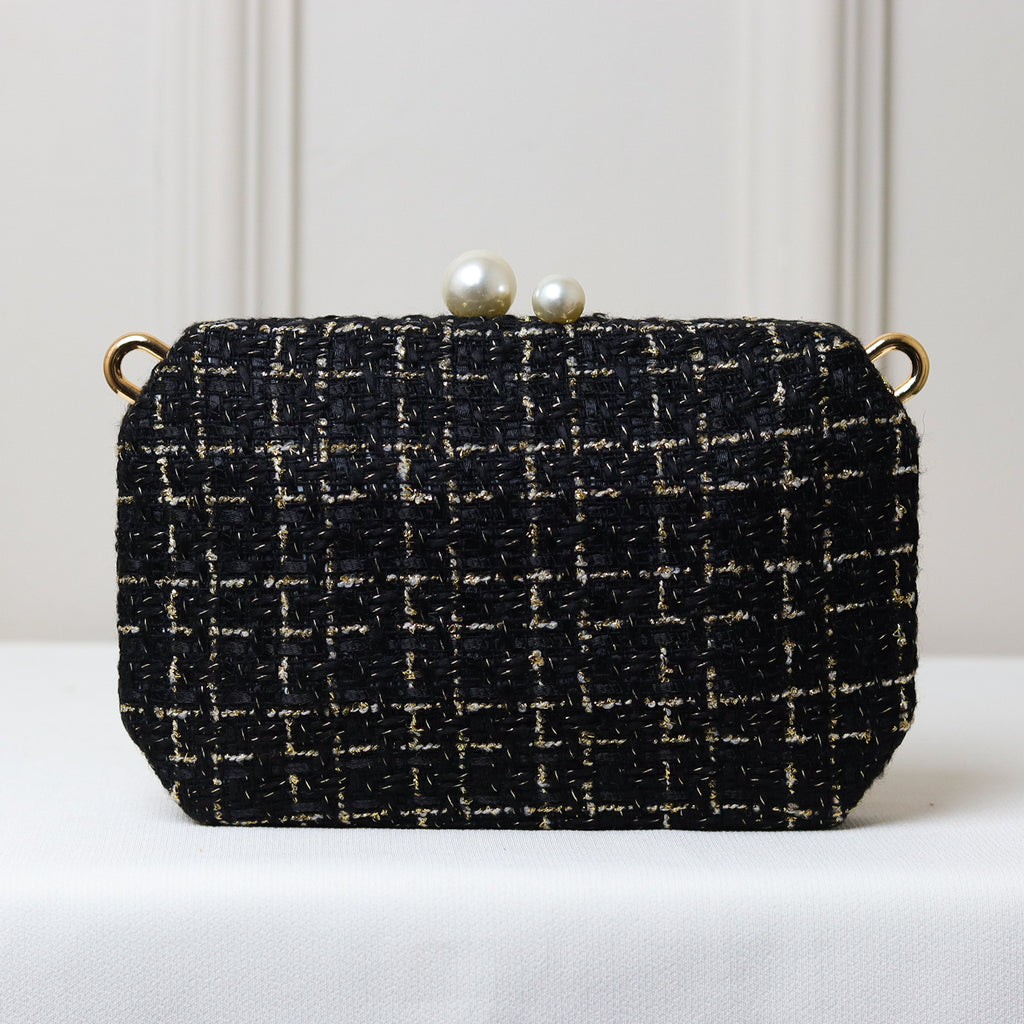 CLUTCH BOLSA PRETA LUXO TRAMA FECHO DUPLO PEROLAS