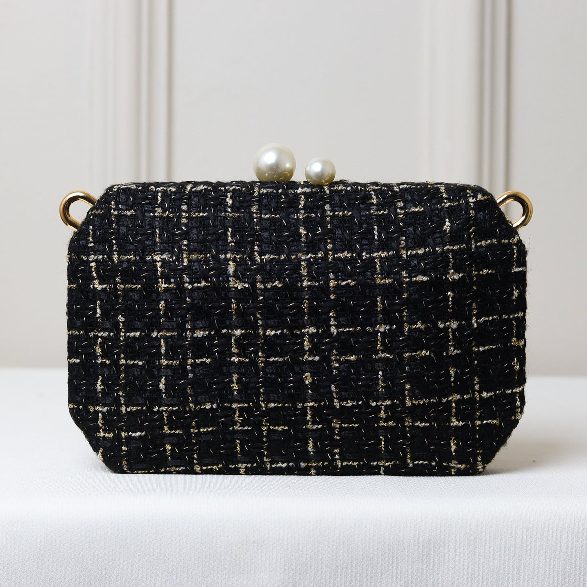 CLUTCH BOLSA PRETA LUXO TRAMA FECHO DUPLO PEROLAS