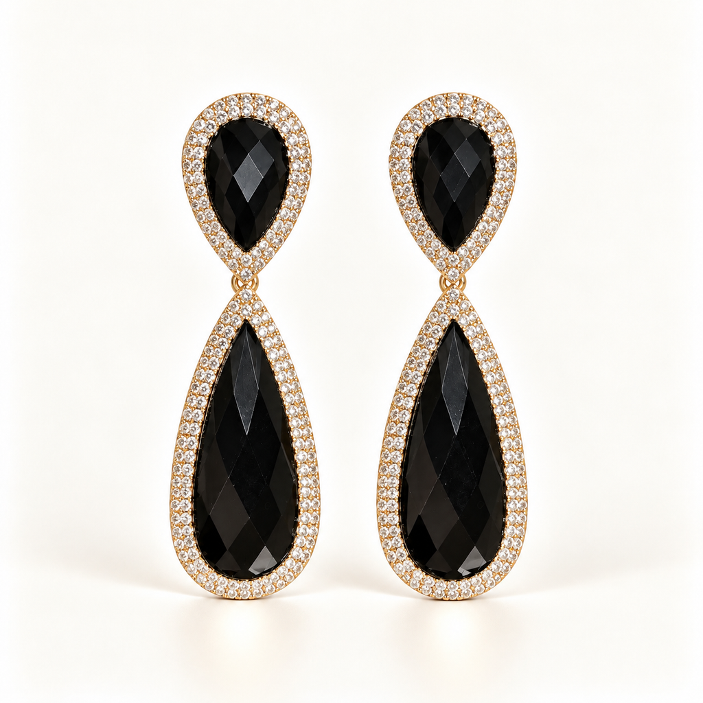 BRINCO FESTA PRETO LUXO CRISTAL GOTA CRAVEJADO DUPLO GOTA