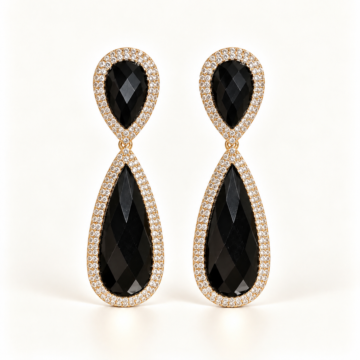 BRINCO FESTA PRETO LUXO CRISTAL GOTA CRAVEJADO DUPLO GOTA