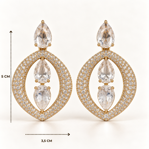 BRINCO FESTA DOURADO CRAVEJADO GOTA ZIRCÔNIA VAZADO