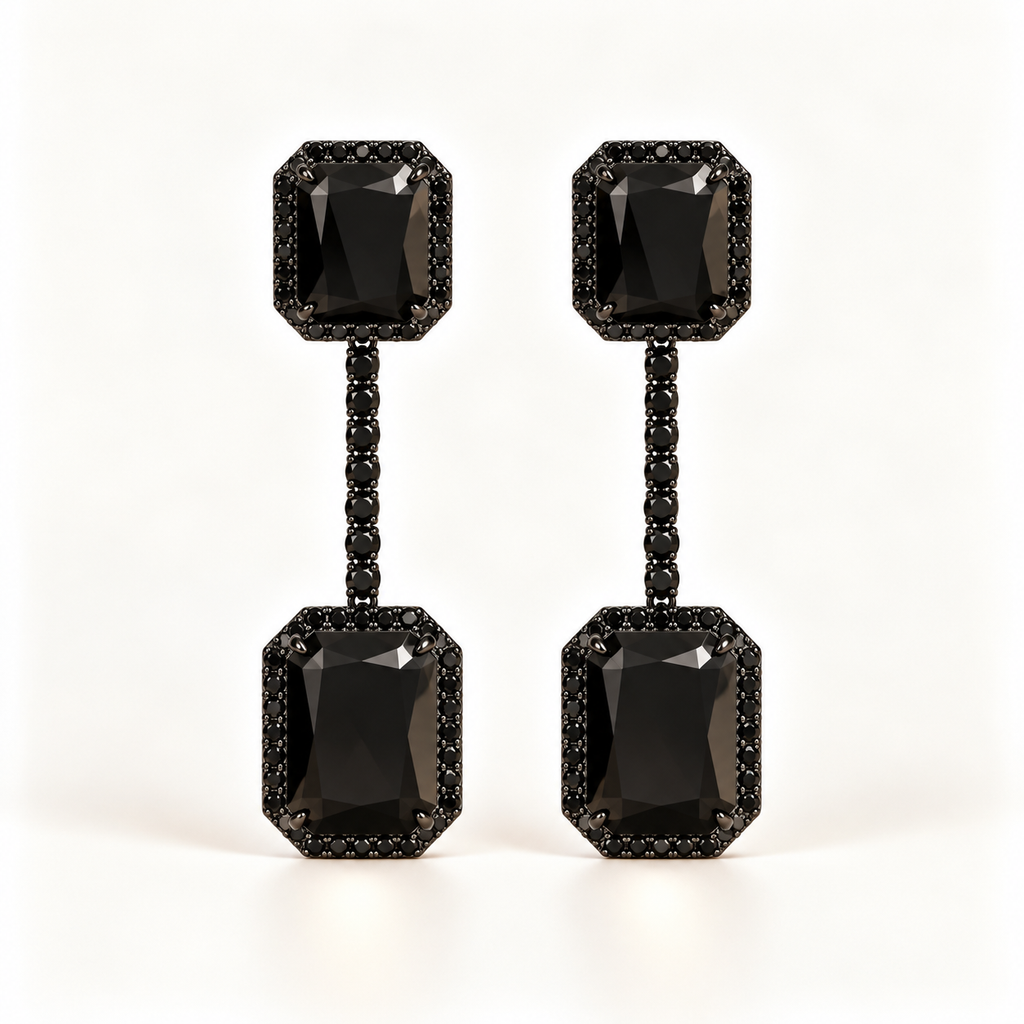 BRINCO FESTA PRETO CRAVEJADO ZIRCONIA RETANGULAR LONGO
