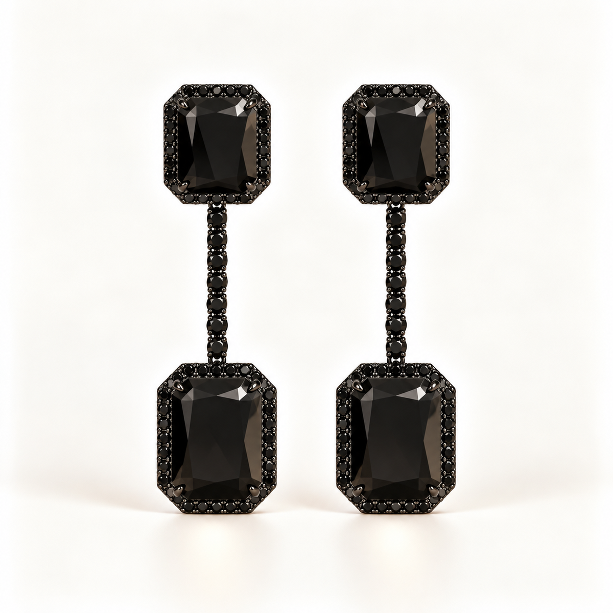 BRINCO FESTA PRETO CRAVEJADO ZIRCONIA RETANGULAR LONGO
