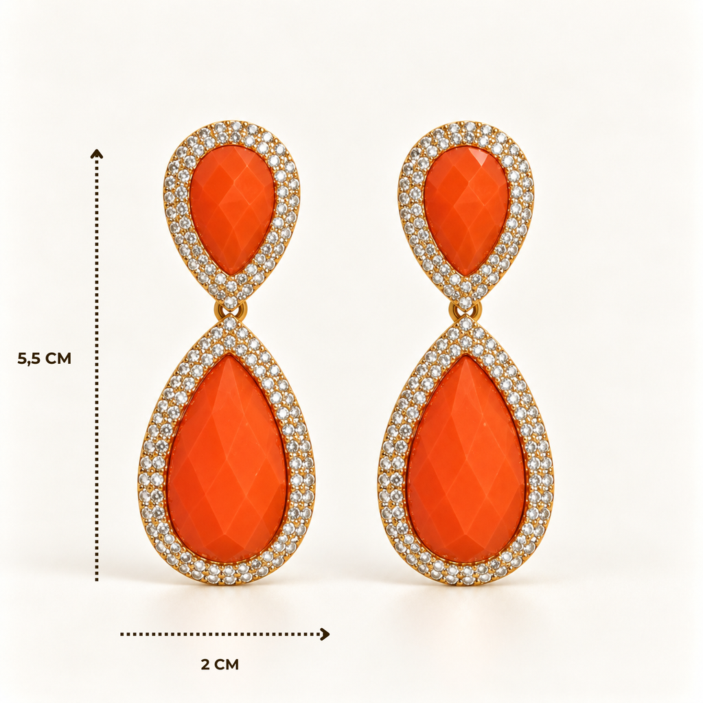 BRINCO FESTA LARANJA CRISTAL LUXO CRAVEJADO DUPLO GOTA