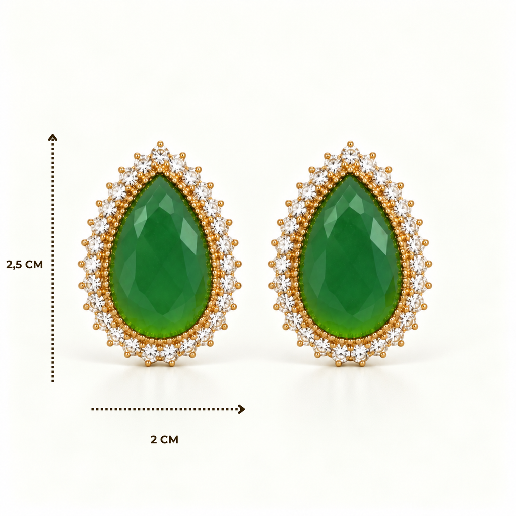 BRINCO FESTA VERDE CRISTAL FIXO GOTA CRAVEJADO MICRO ZIRCÔNIA