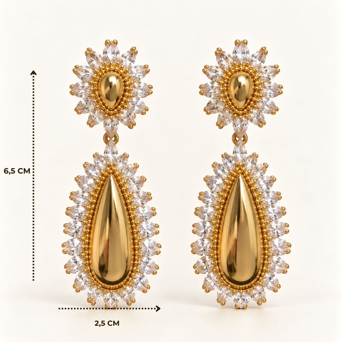 BRINCO FESTA DOURADO LUXO METALIZADO CRAVEJADO GOTA