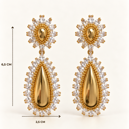 BRINCO FESTA DOURADO LUXO METALIZADO CRAVEJADO GOTA