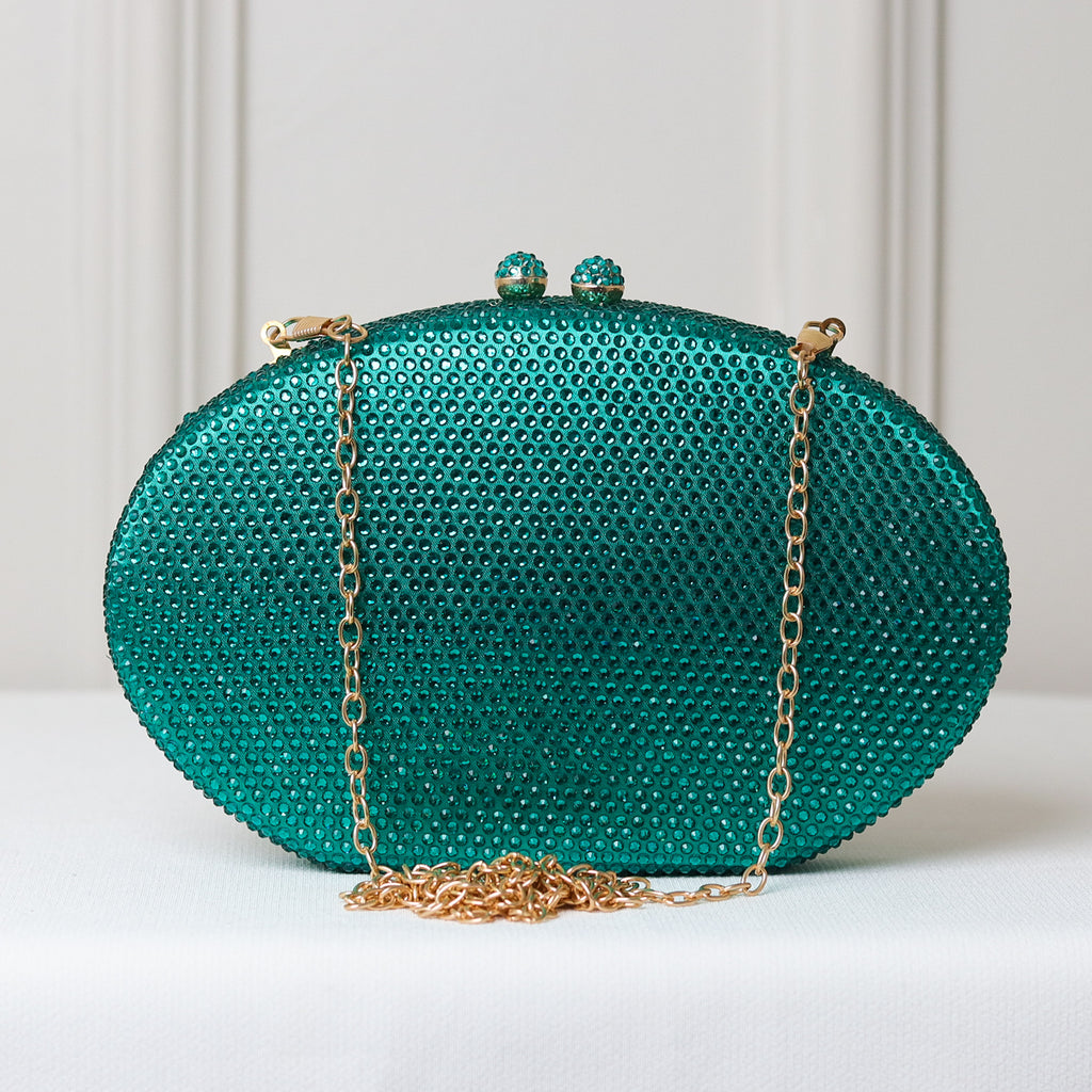CLUTCH BRILHO STRASS FORMATO OVAL FECHO ESFERA DUPLA