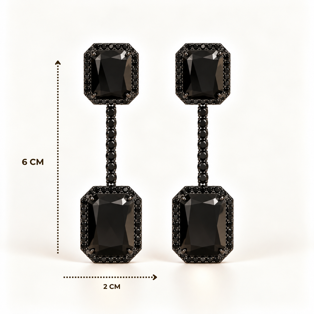 BRINCO FESTA PRETO CRAVEJADO ZIRCONIA RETANGULAR LONGO