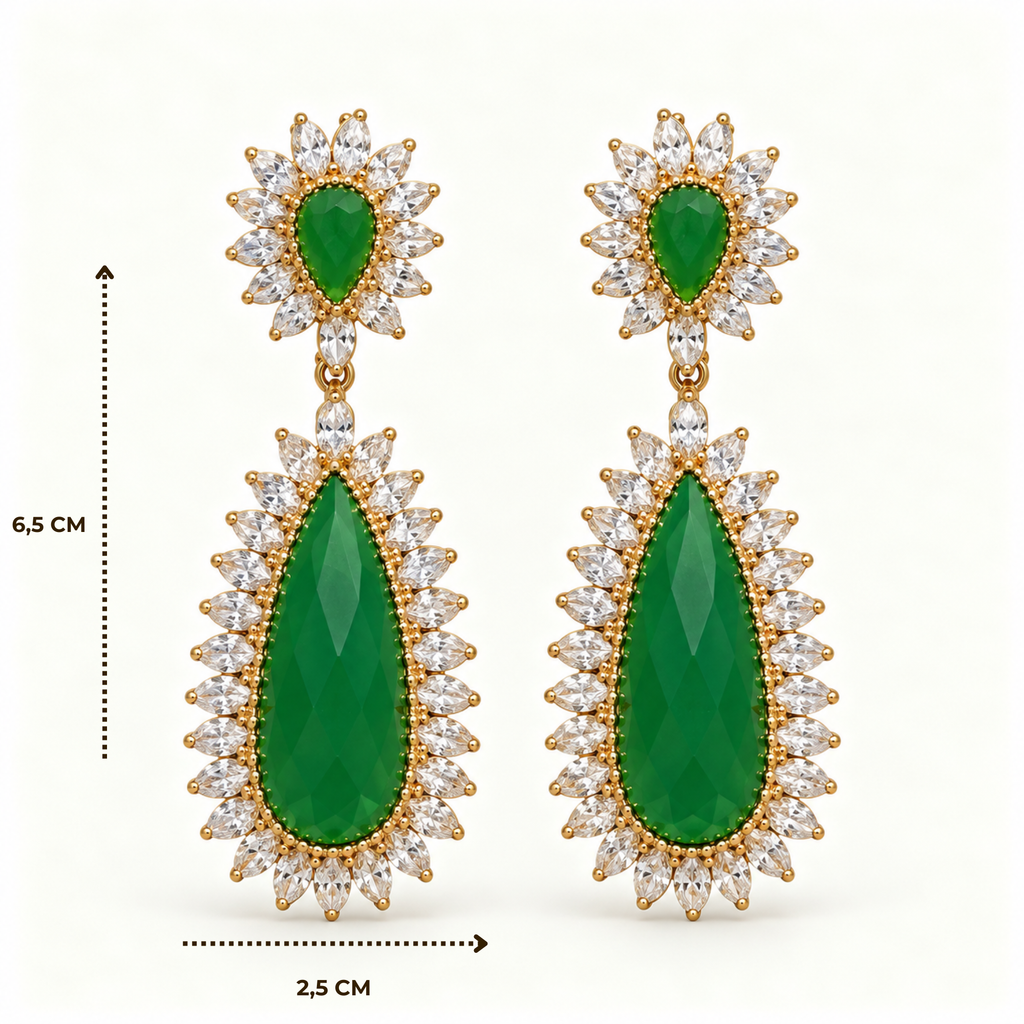 BRINCO FESTA VERDE CRISTAL LUXO CRAVEJADO GOTA