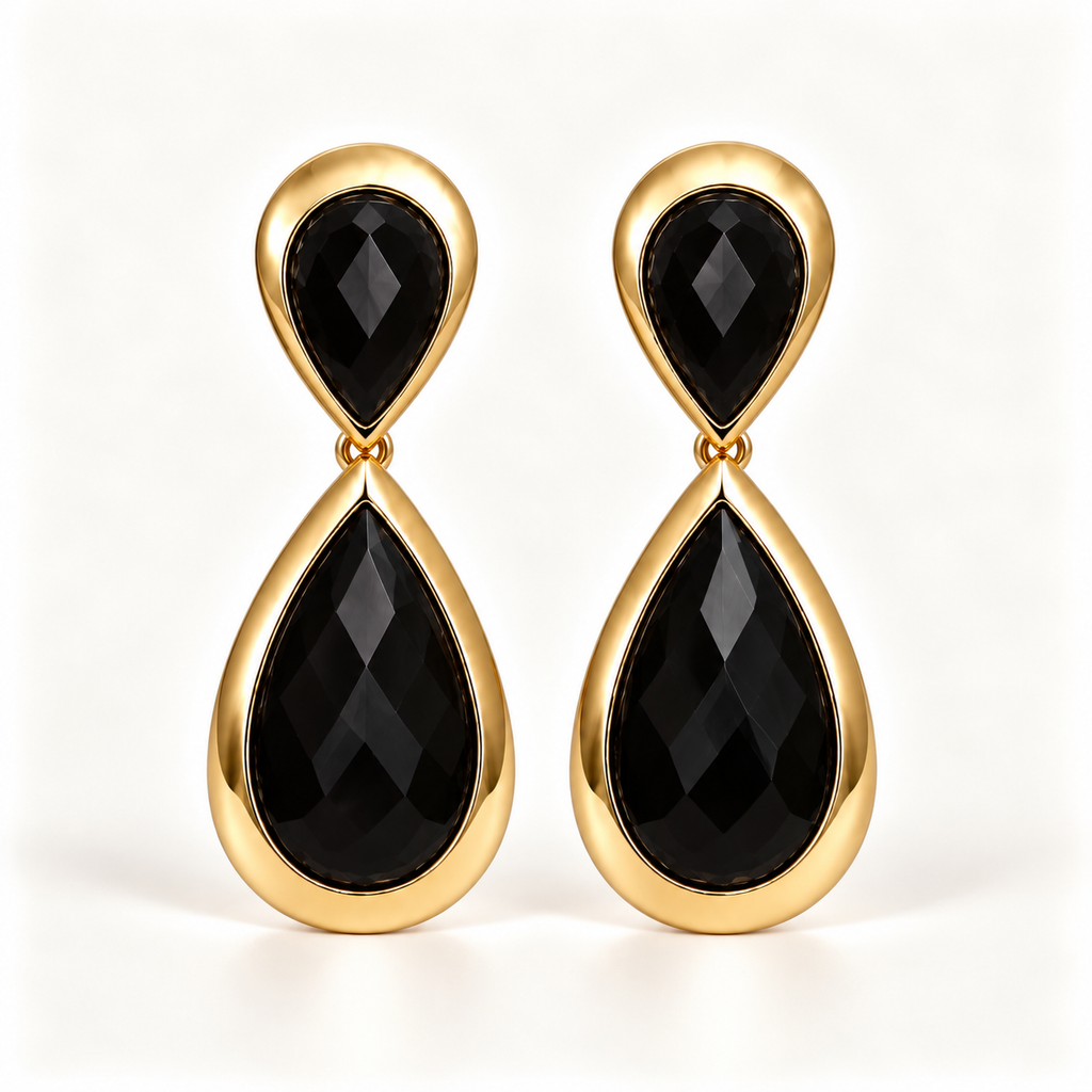 BRINCO FESTA PRETO LUXO CRISTAL GOTA MEDIA