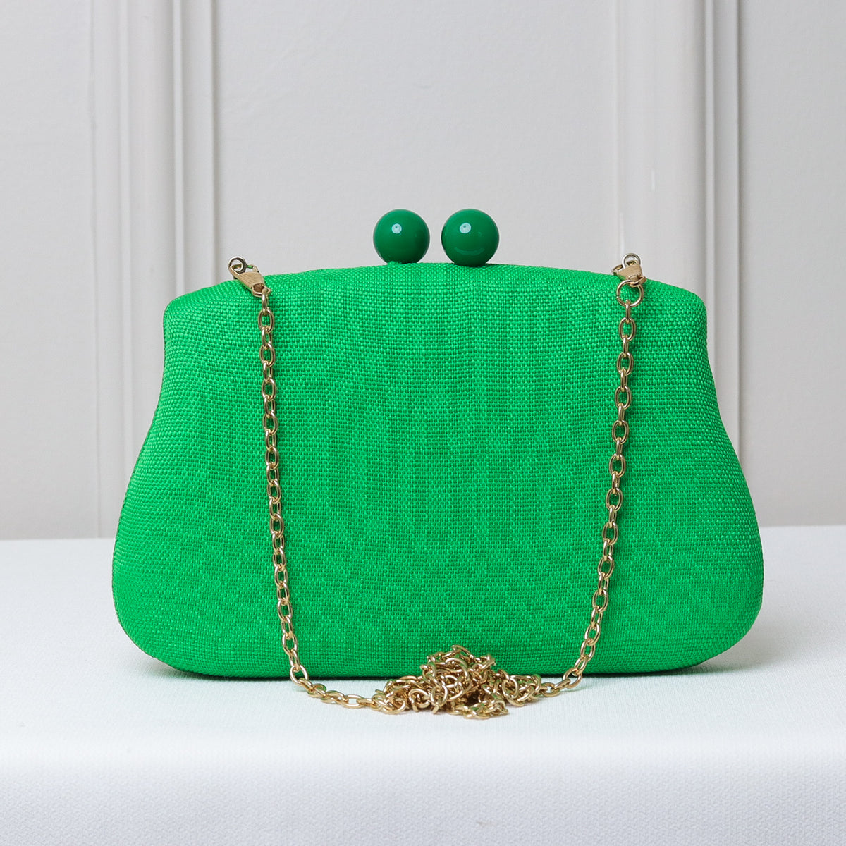 CLUTCH VERDE TECIDO LINHO FORMATO RETANGULAR PONTA FECHO DUPLO ESFERA