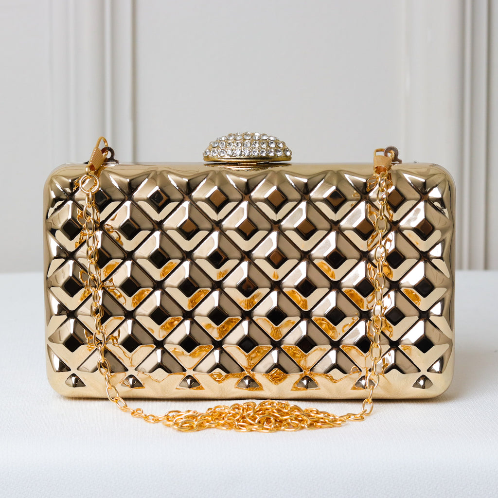 CLUTCH METALIZADA DOURADA GEOMETRICA QUADRICULADA FORMATO RETANGULAR