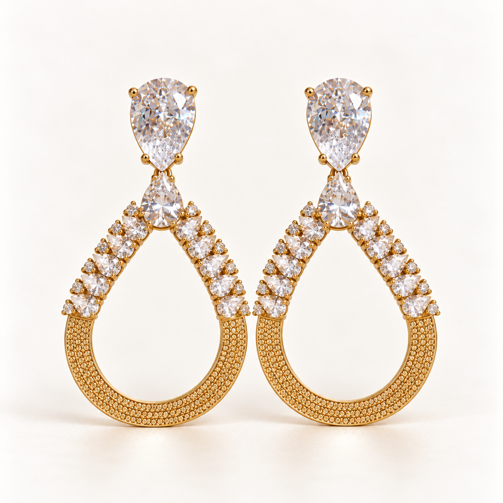 BRINCO FESTA DOURADO CRAVEJADO ZIRCÔNIA GOTA VAZADO