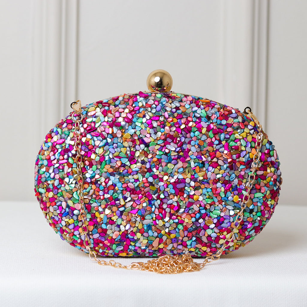 CLUTCH MULTICOLORIDA TEXTURA PEDRARIA BRILHANTE