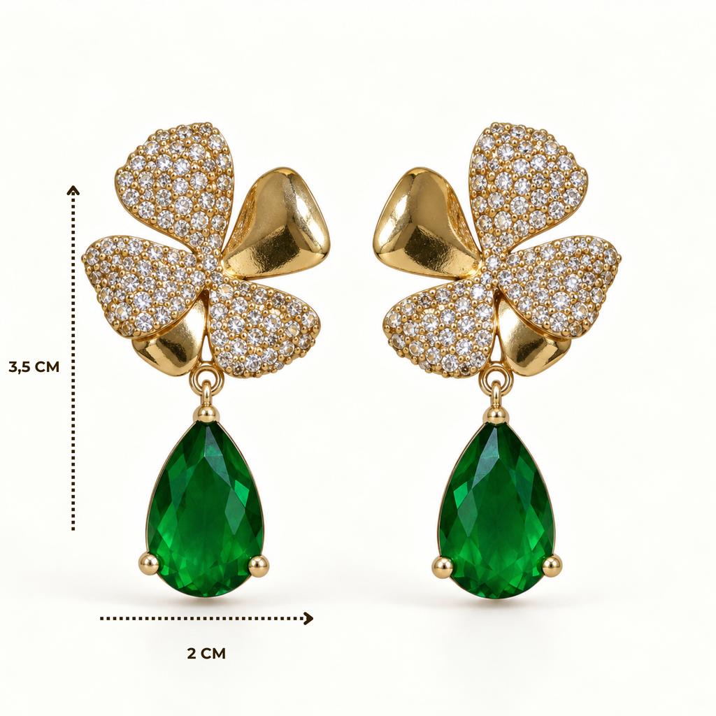 BRINCO FESTA VERDE CRAVEJADO ZIRCÔNIA GOTA BASE FLOR