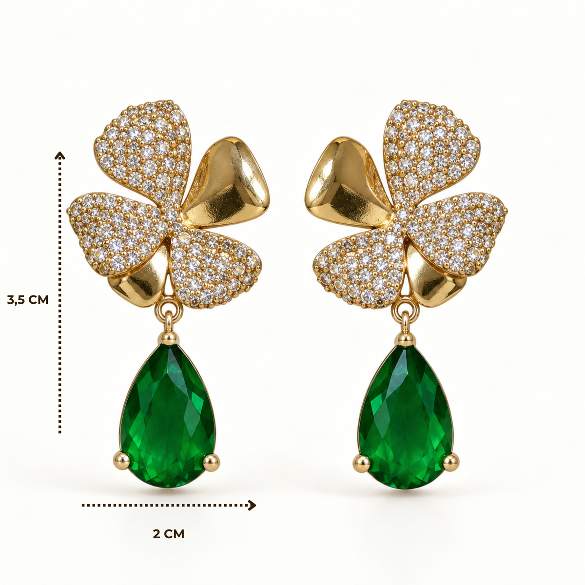 BRINCO FESTA VERDE CRAVEJADO ZIRCÔNIA GOTA BASE FLOR