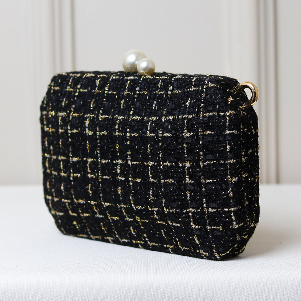 CLUTCH BOLSA PRETA LUXO TRAMA FECHO DUPLO PEROLAS