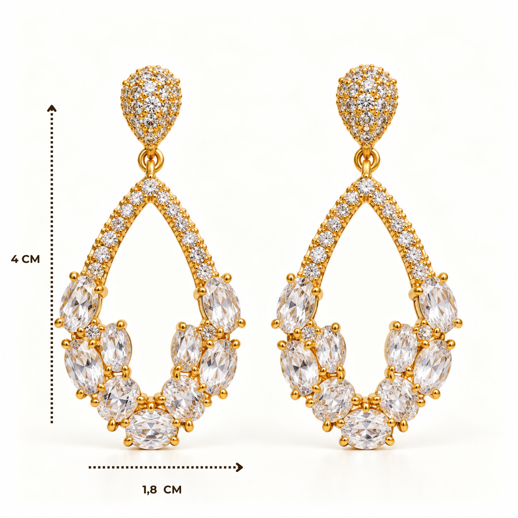 BRINCO FESTA DOURADO CRAVEJADO MICRO ZIRCÔNIA OVAL VAZADO FORMATO GOTA