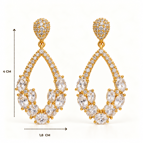 BRINCO FESTA DOURADO CRAVEJADO MICRO ZIRCÔNIA OVAL VAZADO FORMATO GOTA