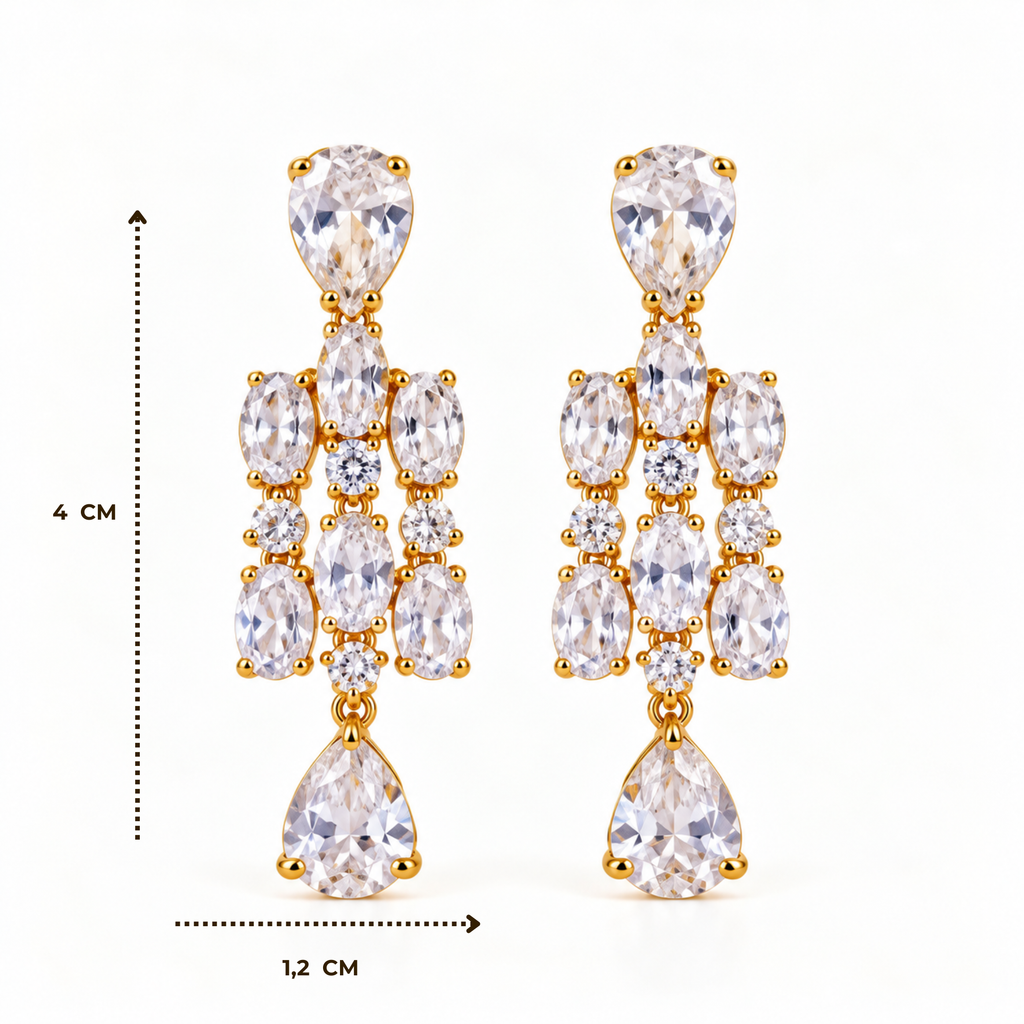 BRINCO FESTA DOURADO ZIRCÔNIA GOTA CASCATA TRIPLA