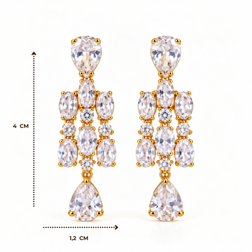 BRINCO FESTA DOURADO ZIRCÔNIA GOTA CASCATA TRIPLA