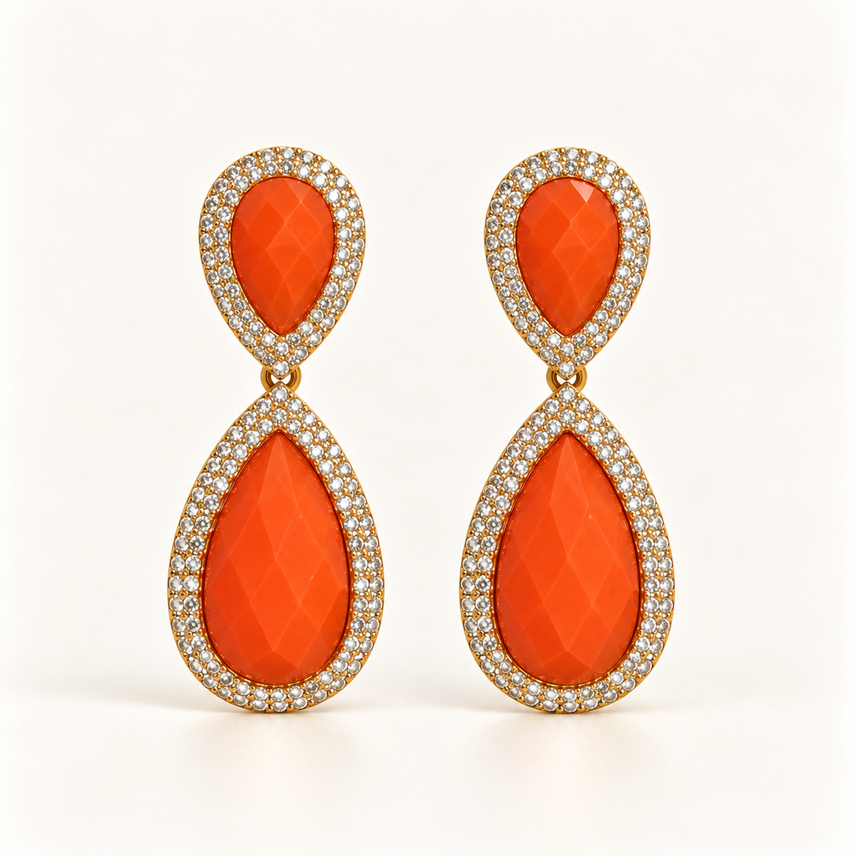 BRINCO FESTA LARANJA CRISTAL LUXO CRAVEJADO DUPLO GOTA