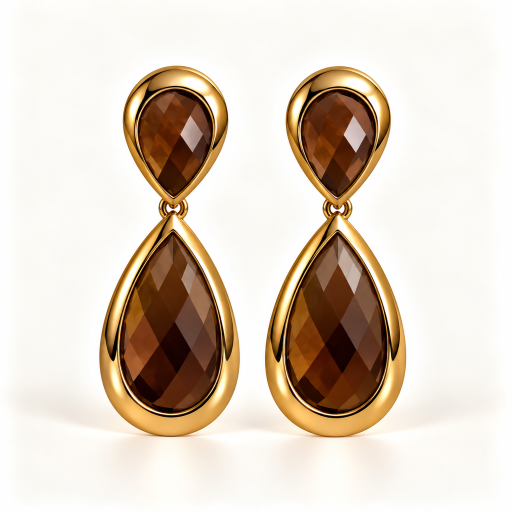 BRINCO FESTA MARROM LUXO CRISTAL GOTA MEDIA