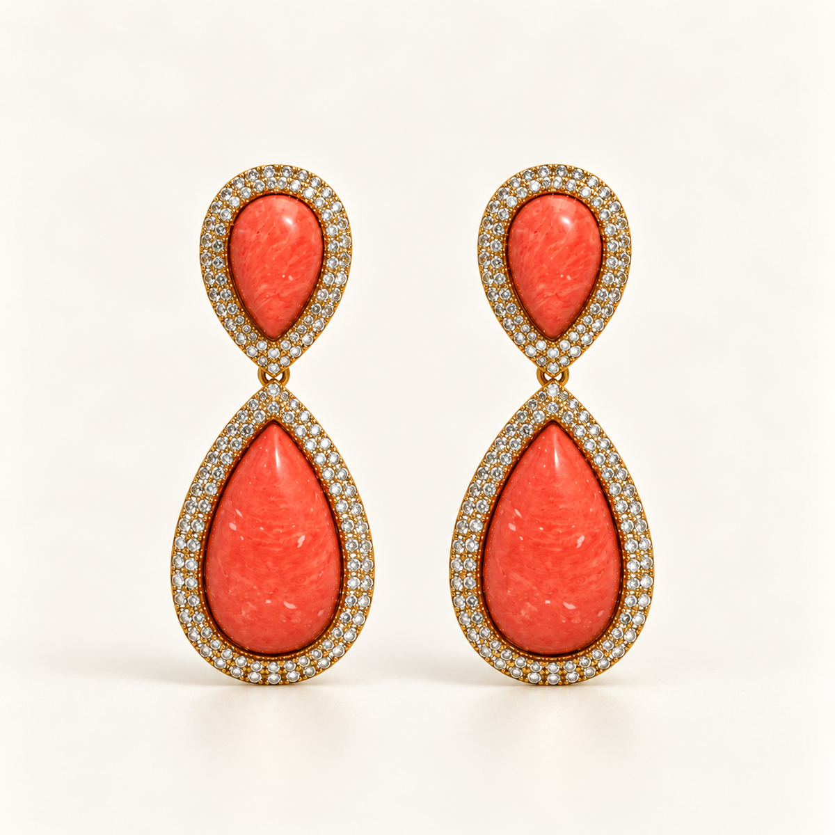 BRINCO FESTA LARANJA CORAL LUXO CRISTAL CRAVEJADO GOTA