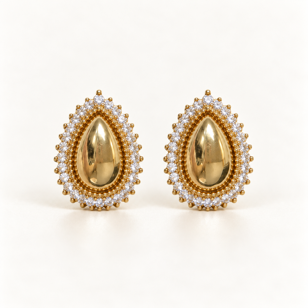 BRINCO FESTA DOURADO METALIZADO GOTA CRAVEJADO MICRO ZIRCÔNIA