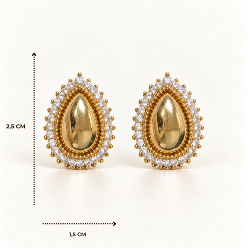 BRINCO FESTA DOURADO METALIZADO GOTA CRAVEJADO MICRO ZIRCÔNIA