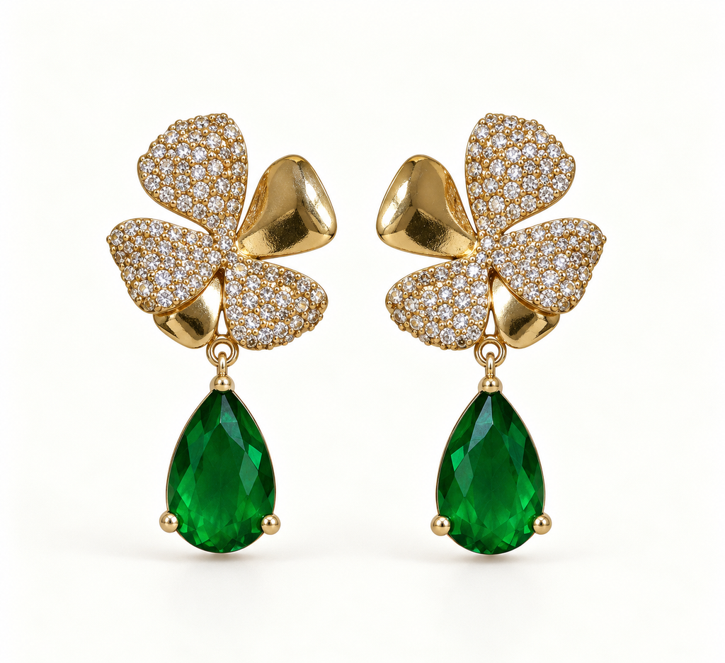 BRINCO FESTA VERDE CRAVEJADO ZIRCÔNIA GOTA BASE FLOR