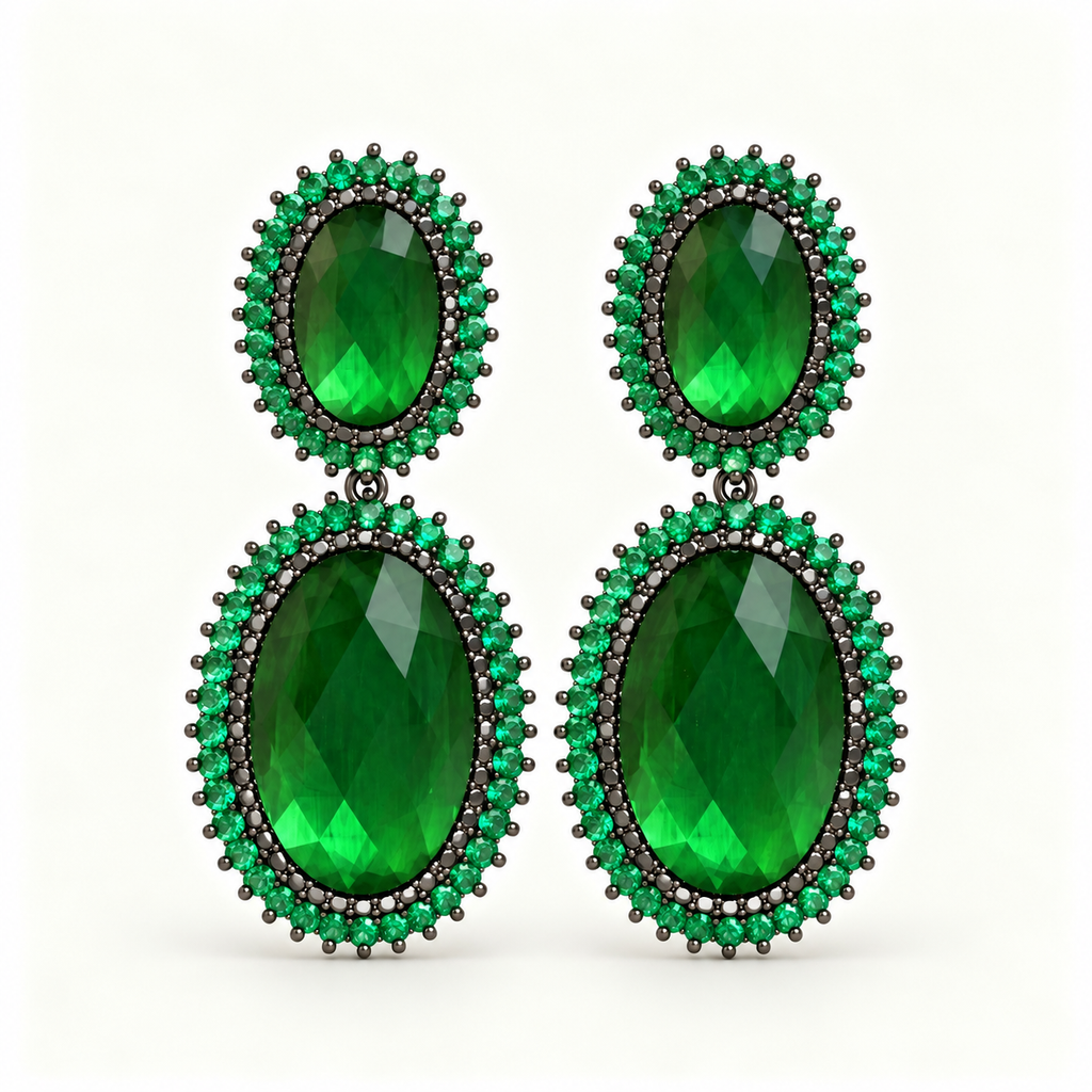 BRINCO FESTA VERDE CRISTAL LUXO CRAVEJADO FORMATO OVAL