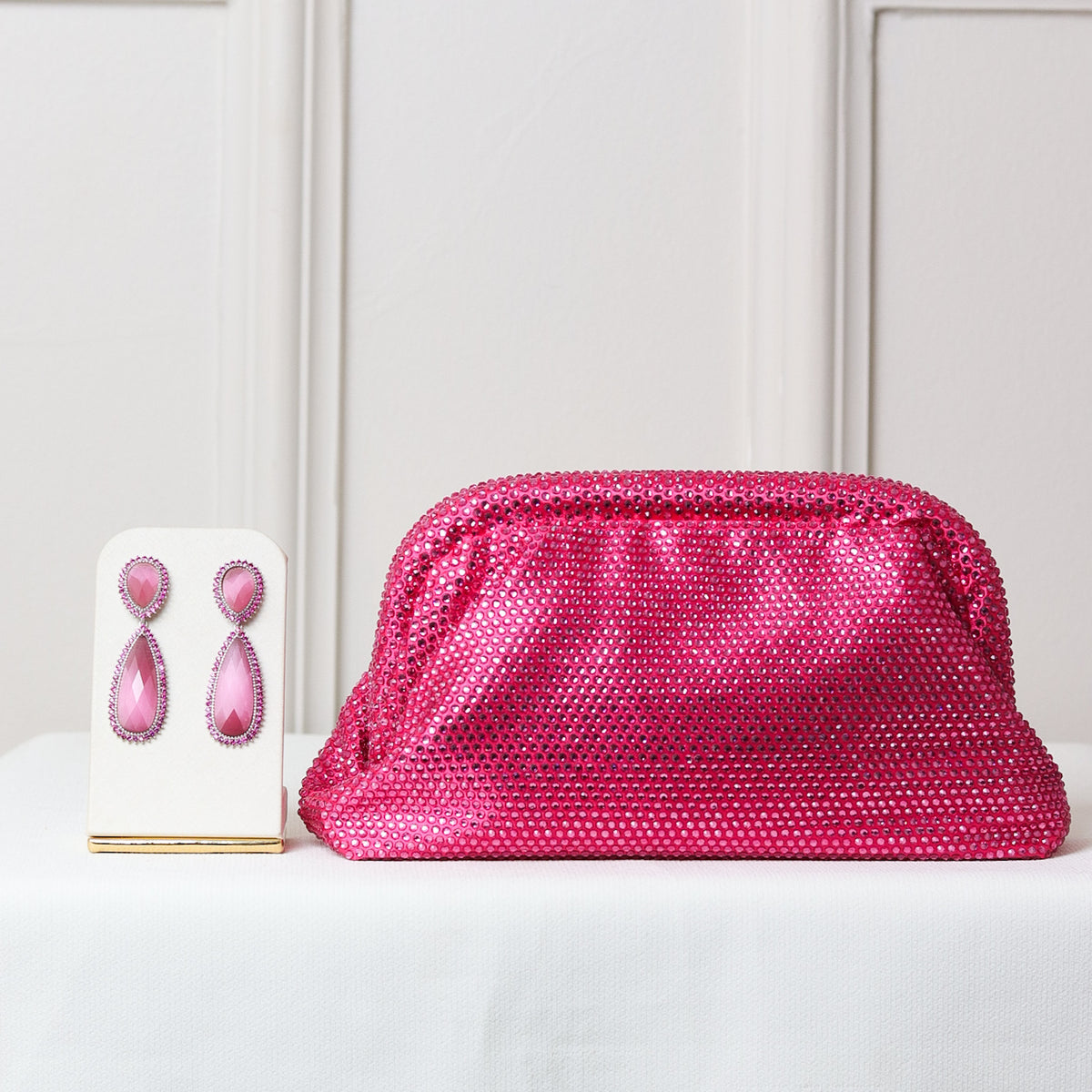 KIT FESTA: CLUTCH BRILHO ROSA + BRINCO FESTA ROSA