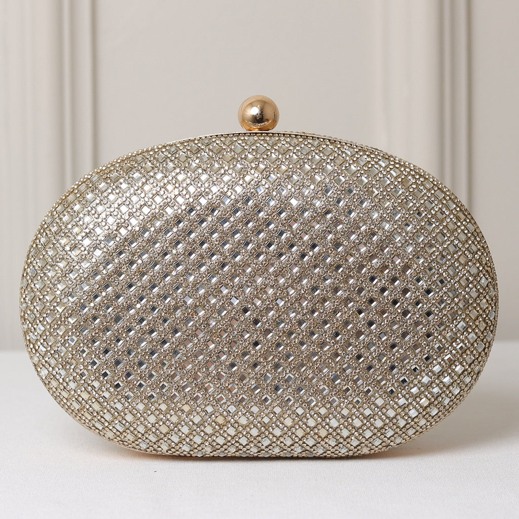 CLUTCH BRILHO TEXTURA STRASS FORMATO OVAL FECHO ESFERA
