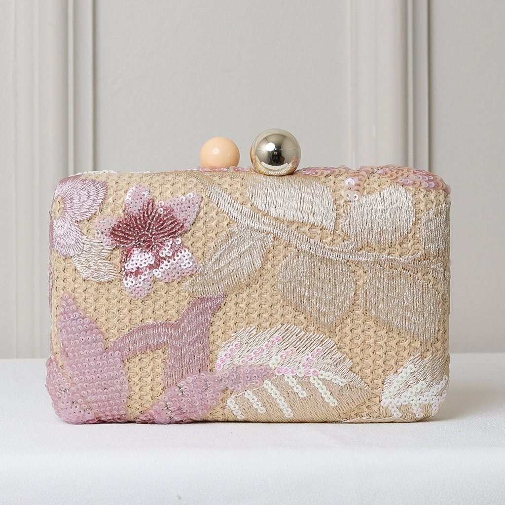 CLUTCH BORDADA FLORES FORMATO RETANGULAR FECHO ESFERA DUPLA BICOLOR