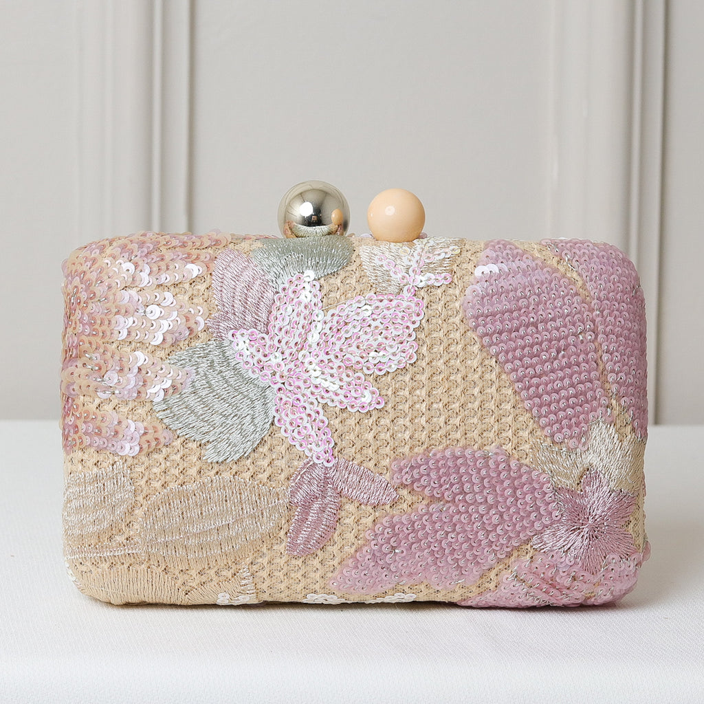 CLUTCH BORDADA FLORES FORMATO RETANGULAR FECHO ESFERA DUPLA BICOLOR