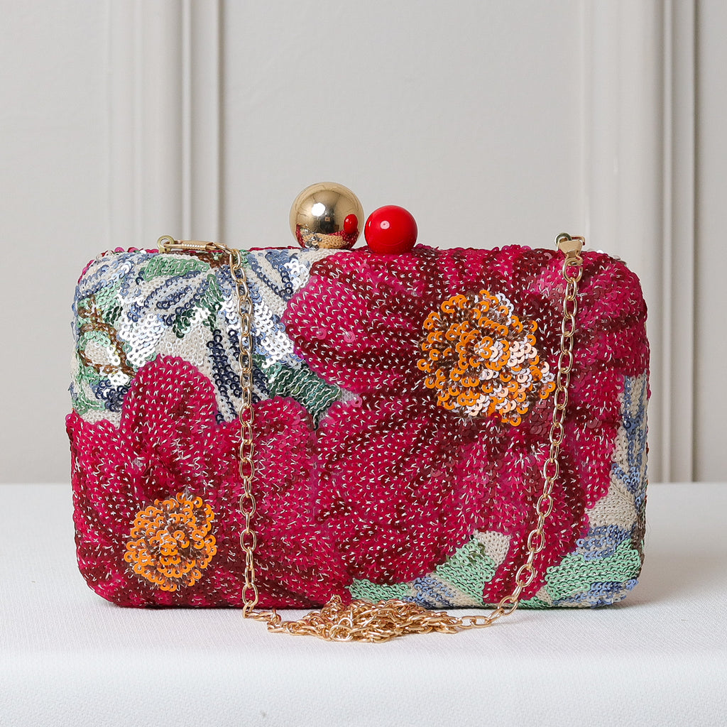 CLUTCH BORDADA FLORES FORMATO RETANGULAR FECHO ESFERA DUPLA BICOLOR