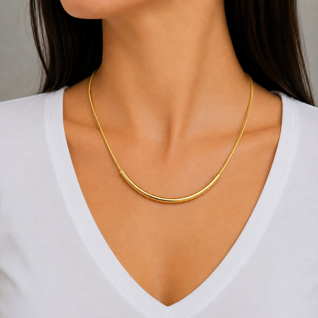 COLAR DOURADO FIO MALHA FINA DETALHE CANINHO LISO 45CM
