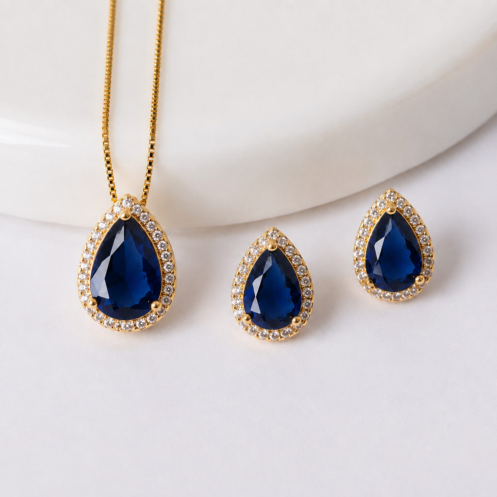 CONJUNTO AZUL/VERDE MICRO CRAVEJADO FINO FORMATO GOTA FIO VENEZIANO