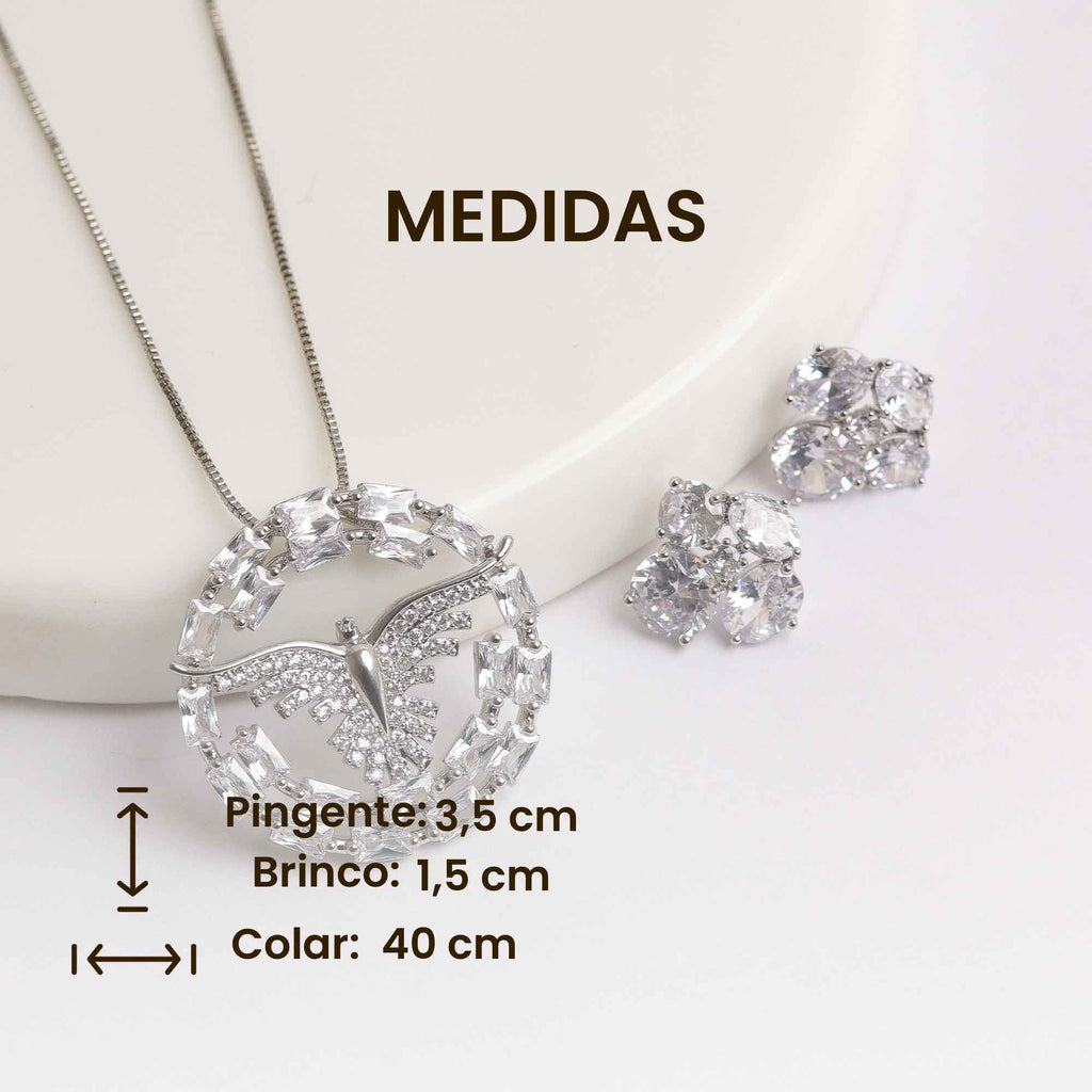 CONJUNTO DIVINO ESPIRITO SANTO PRATA/DOURADO CRAVEJADO ZIRCONIA NAVETE BRINCO PONTO DE LUZ