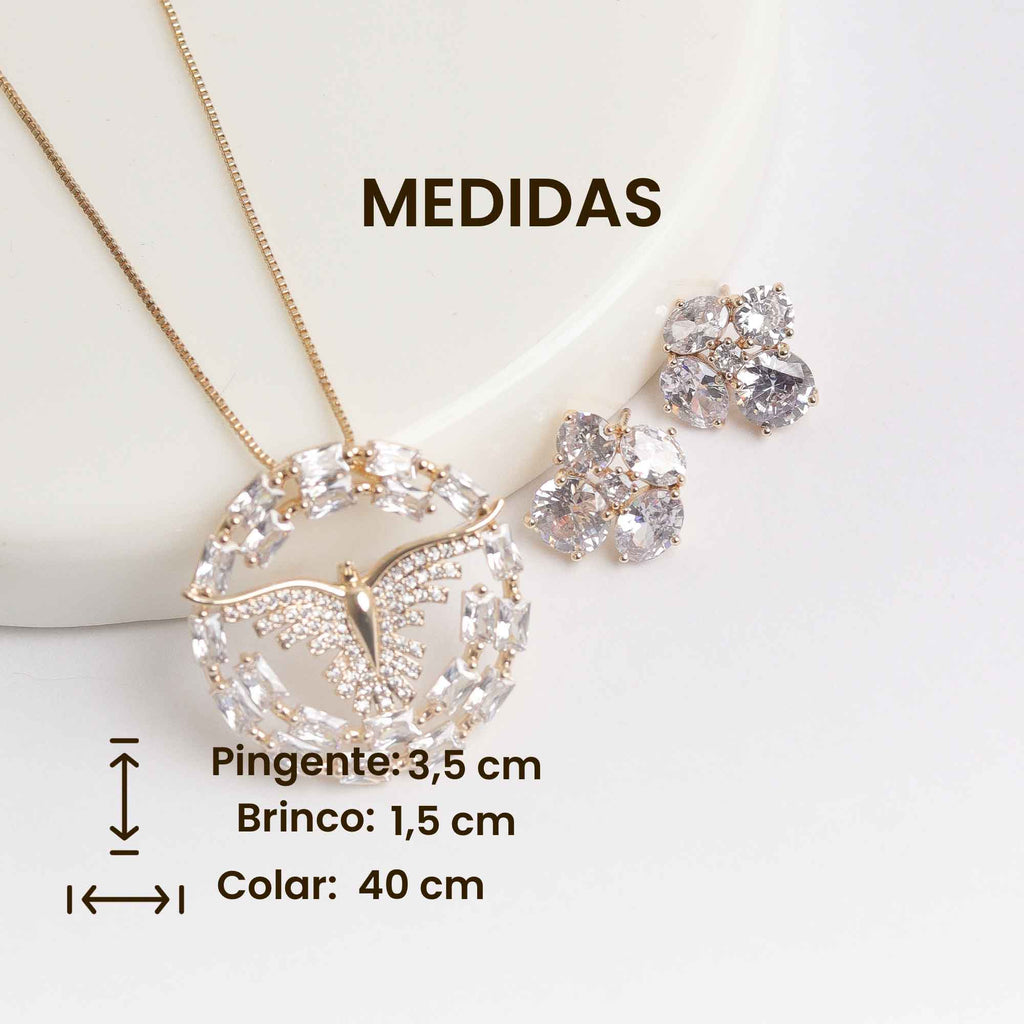 CONJUNTO DIVINO ESPIRITO SANTO PRATA/DOURADO CRAVEJADO ZIRCONIA NAVETE BRINCO PONTO DE LUZ