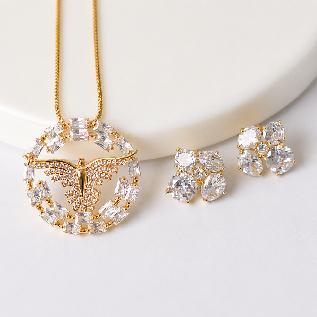 CONJUNTO DIVINO ESPIRITO SANTO PRATA/DOURADO CRAVEJADO ZIRCONIA NAVETE BRINCO PONTO DE LUZ