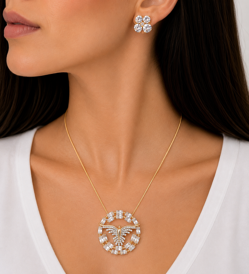 CONJUNTO DIVINO ESPIRITO SANTO PRATA/DOURADO CRAVEJADO ZIRCONIA NAVETE BRINCO PONTO DE LUZ