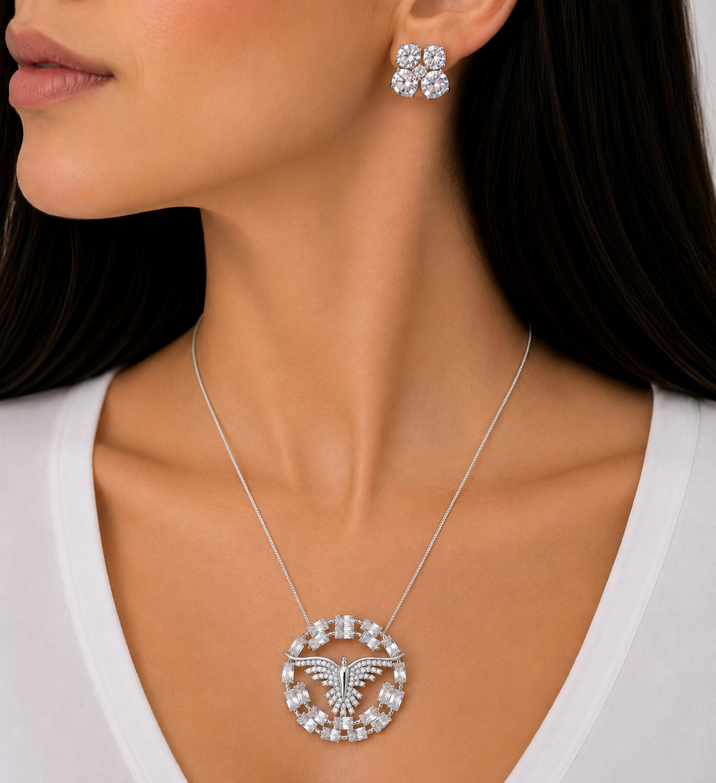 CONJUNTO DIVINO ESPIRITO SANTO PRATA/DOURADO CRAVEJADO ZIRCONIA NAVETE BRINCO PONTO DE LUZ