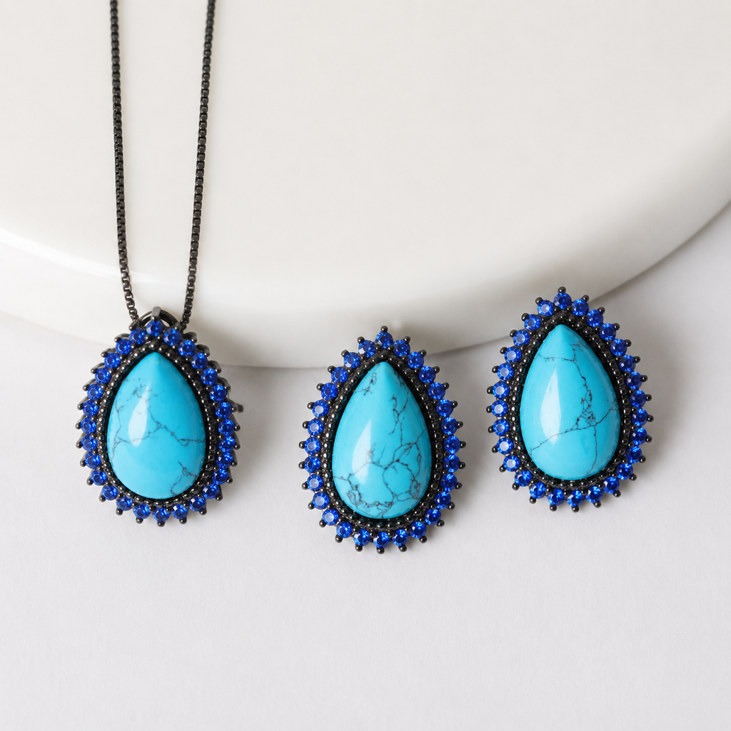CONJUNTO FESTA LUXO CRISTAL AZUL CLARO CRAVEJADO AZUL ESCURO LADO FORMATO OVAL