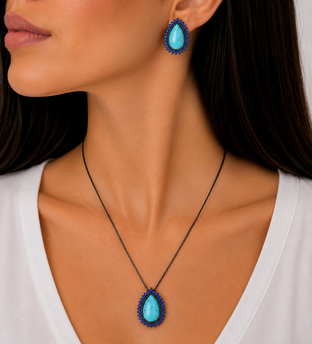 CONJUNTO FESTA LUXO CRISTAL AZUL CLARO CRAVEJADO AZUL ESCURO LADO FORMATO OVAL