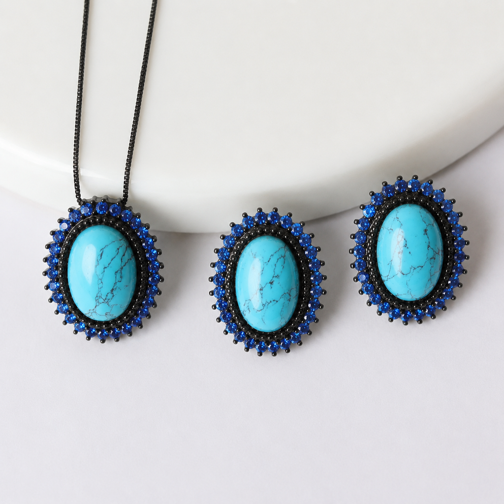 CONJUNTO FESTA LUXO CRISTAL AZUL CLARO CRAVEJADO AZUL ESCURO LADO FORMATO OVAL